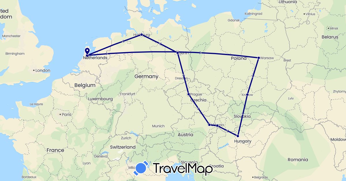 TravelMap itinerary: driving in Austria, Czech Republic, Germany, Hungary, Netherlands, Poland, Slovakia (Europe)